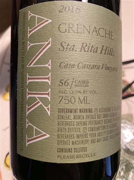 Rajat Parr Wine Club 2018 Grenache Anika Casa Cassara Vineyard